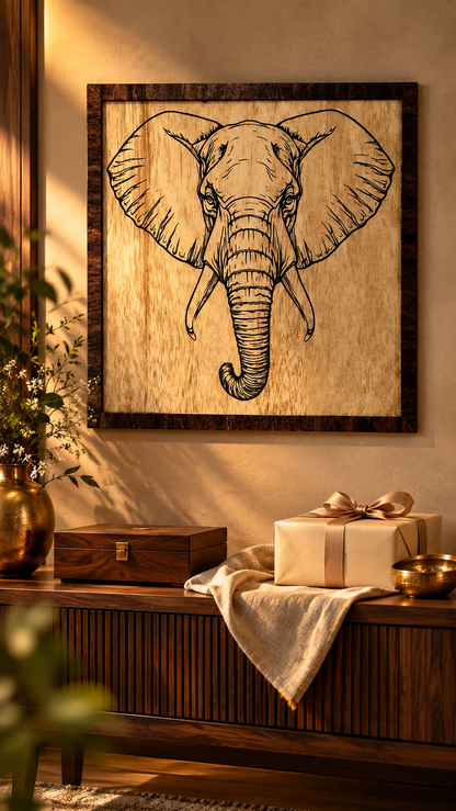 Majestic Elephant Wooden Wall Art – Premium Laminated MDF Framed Elephant Décor | 4 mm | Cozy Carvings