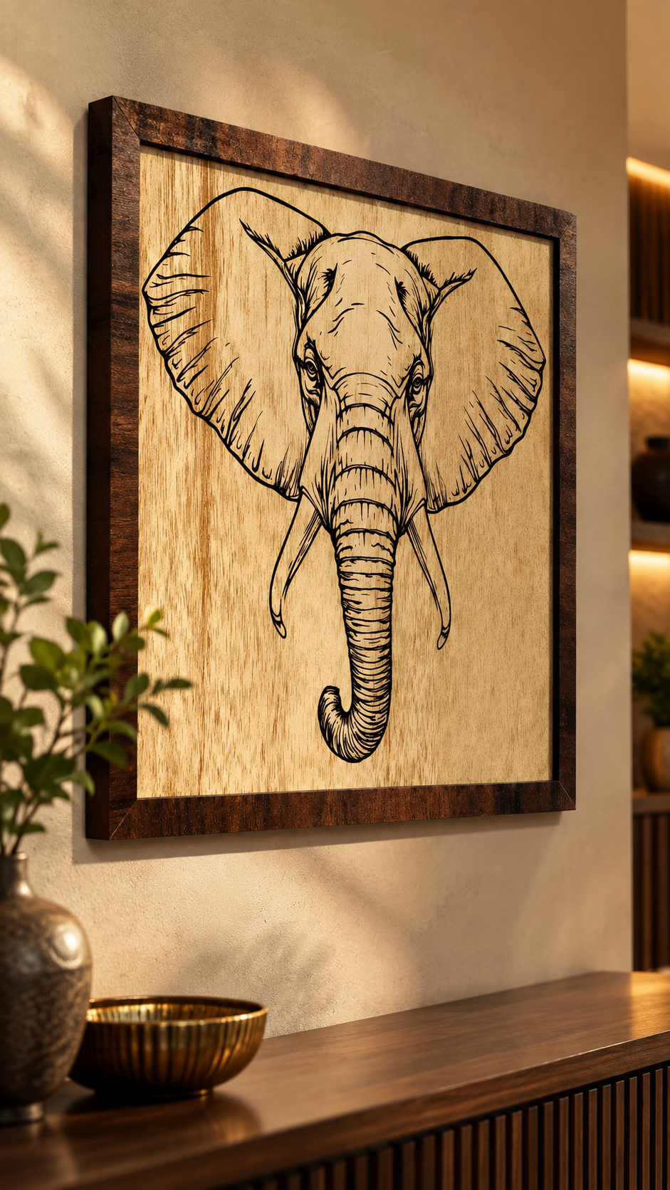 Majestic Elephant Wooden Wall Art – Premium Laminated MDF Framed Elephant Décor | 4 mm | Cozy Carvings