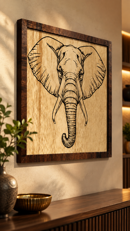 Majestic Elephant Wooden Wall Art – Premium Laminated MDF Framed Elephant Décor | 4 mm | Cozy Carvings