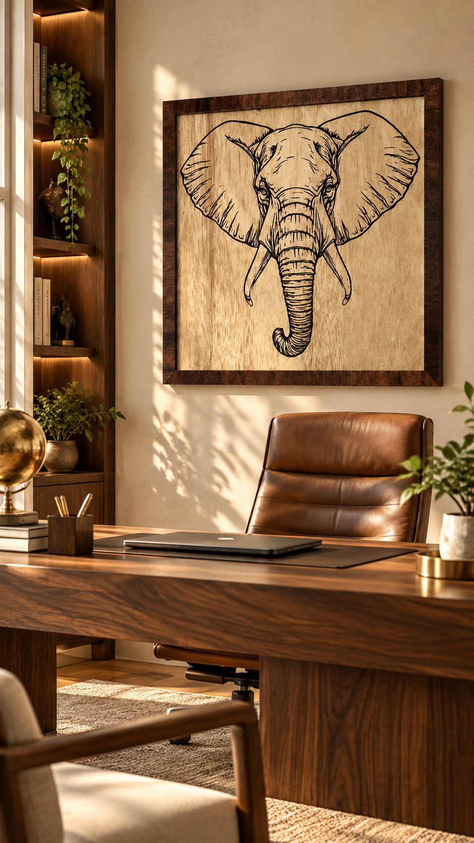 Majestic Elephant Wooden Wall Art – Premium Laminated MDF Framed Elephant Décor | 4 mm | Cozy Carvings
