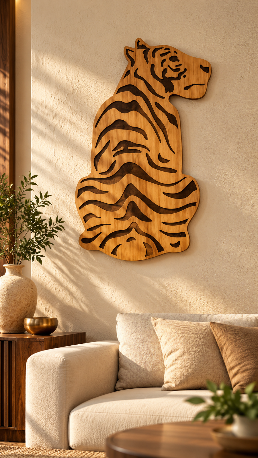 Laminated MDF - Premium Wooden Tiger Wall Hanging – Engraved Stripe Design | Natural Wood Finish