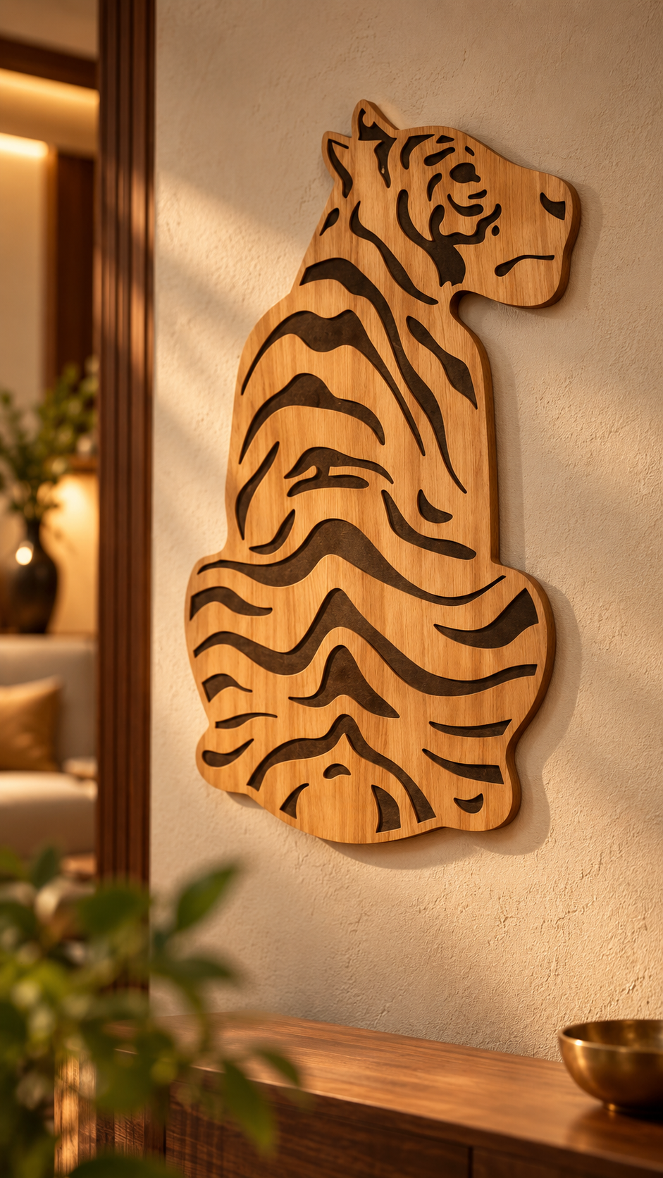Laminated MDF - Premium Wooden Tiger Wall Hanging – Engraved Stripe Design | Natural Wood Finish
