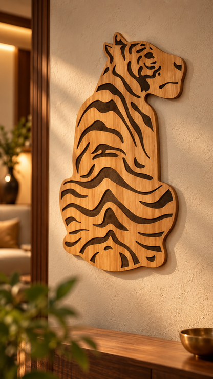 Laminated MDF - Premium Wooden Tiger Wall Hanging – Engraved Stripe Design | Natural Wood Finish