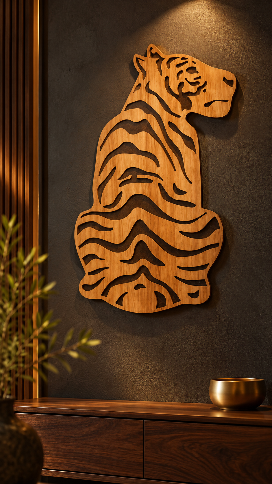Laminated MDF - Premium Wooden Tiger Wall Hanging – Engraved Stripe Design | Natural Wood Finish