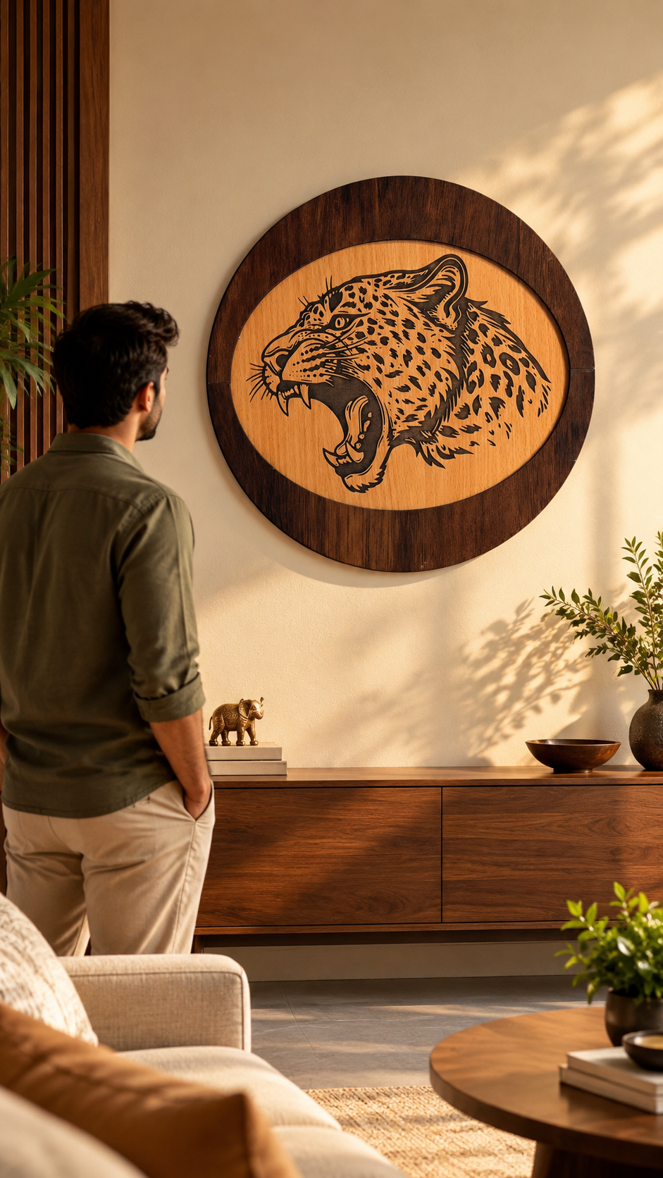 Roaring Leopard Wooden Wall Art – Premium Laminated MDF Engraved Wildlife Décor | Cozy Carvings