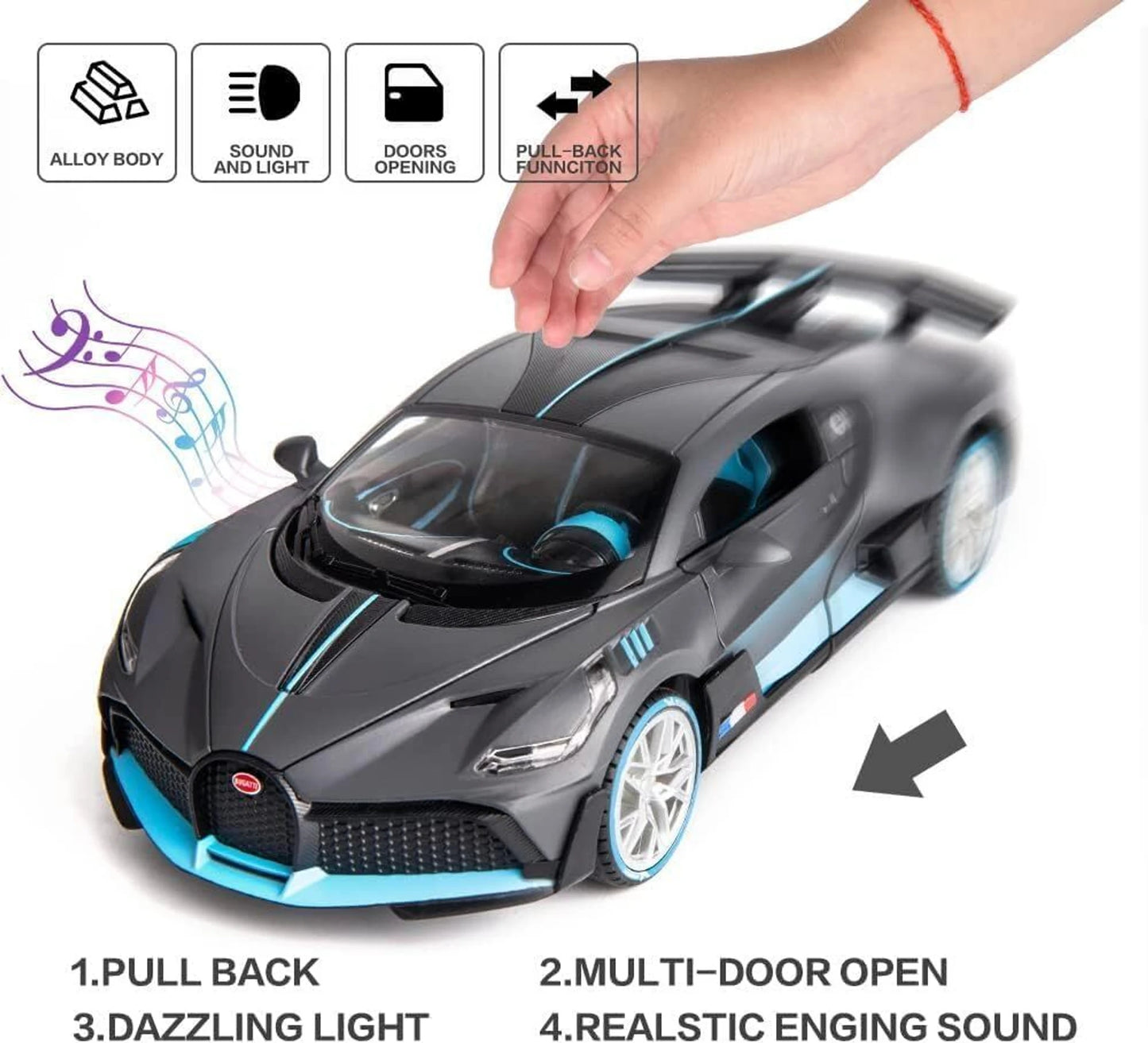 Bugatti Divo Die Cast Car 1:32 Metal Toy Sound Light Pull Back
