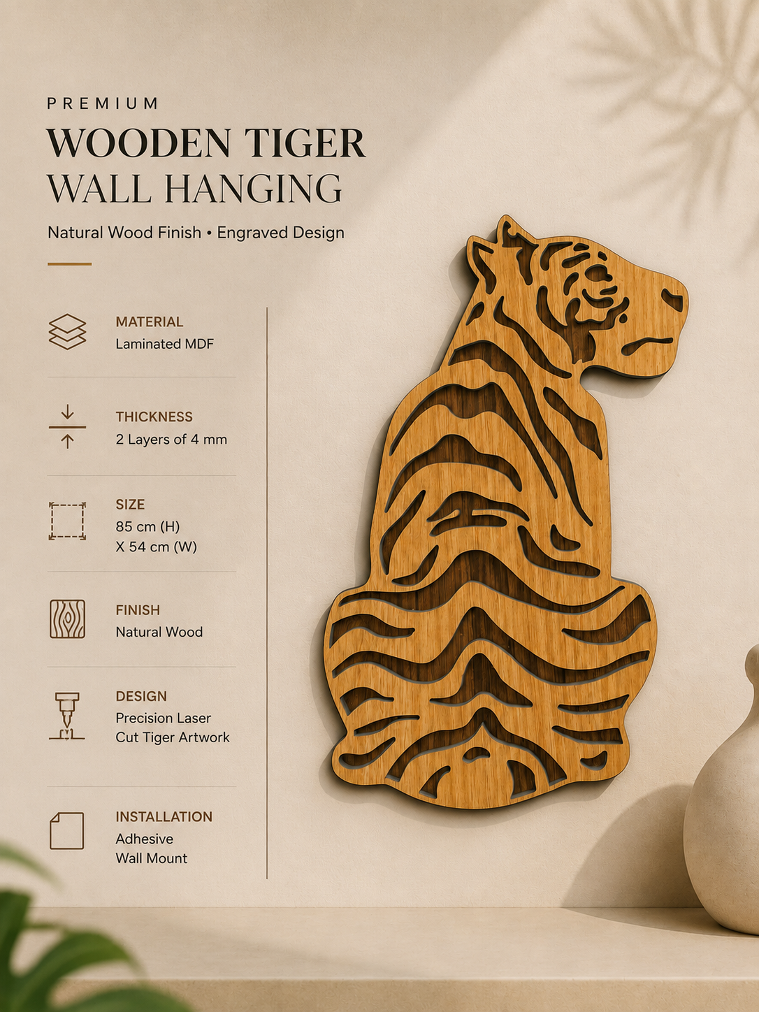 2 Layered Premium Laminated MDF Wooden Tiger Wall Art – Dual-Tone Engraved Design | CNC Laser Cut