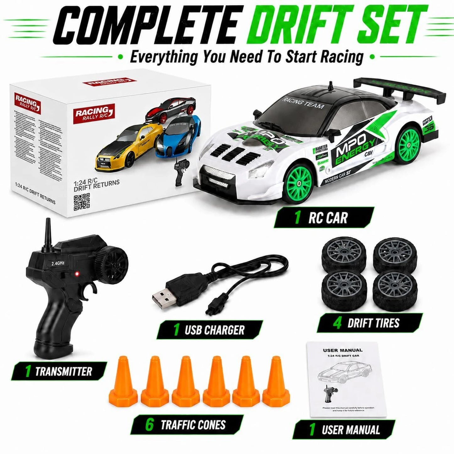 RC Drift Car 1:24 4WD Remote Control Racing Car with LED & Drift Tires