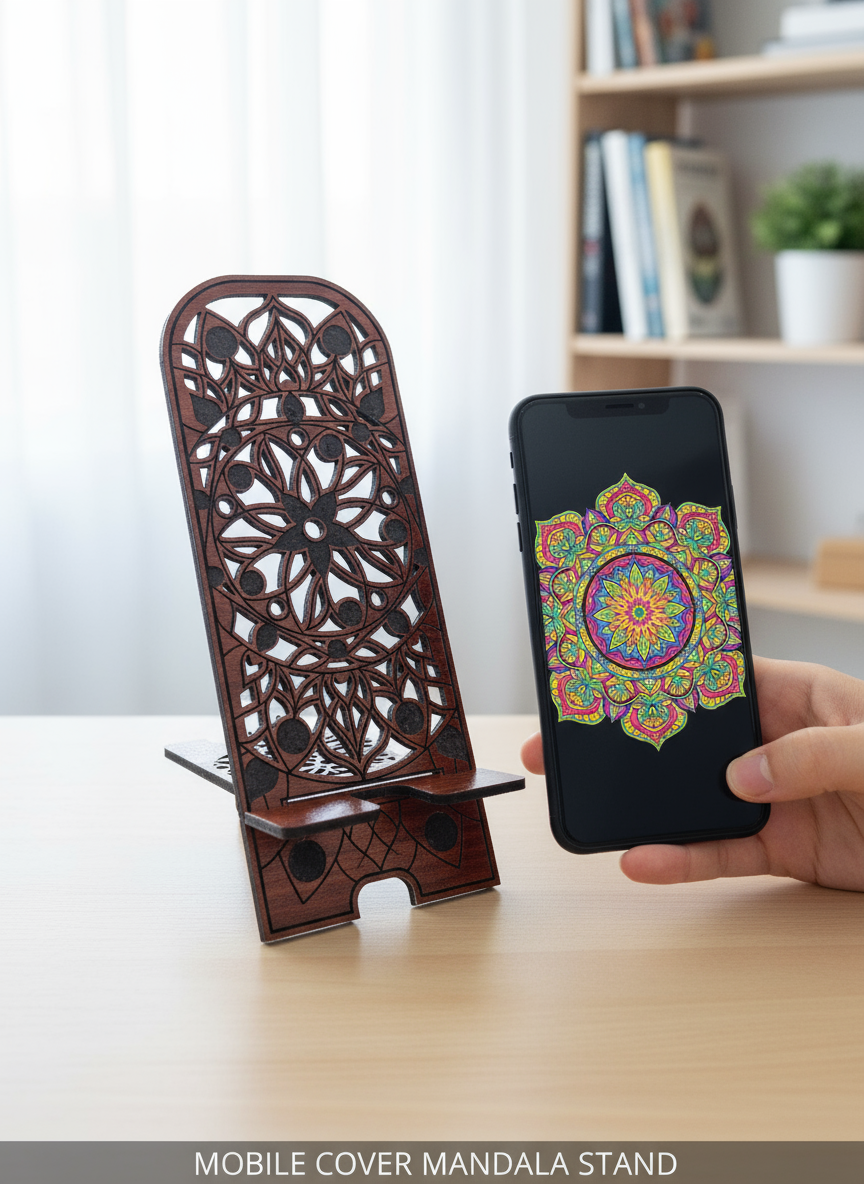 Wooden Phone Stand – Floral Mandala Carved Design