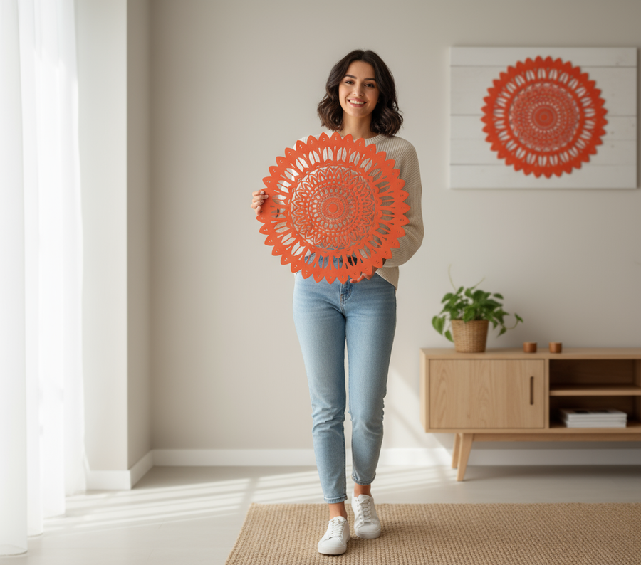 Decorative Wooden Wall Art – Orange Mandala Laser-Cut Design