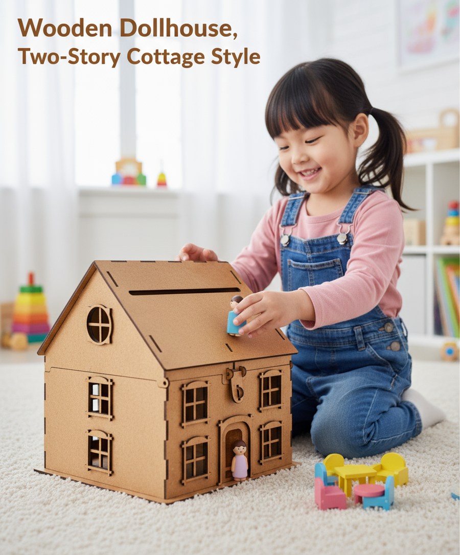 Wooden Dollhouse, Two-Story Cottage Style