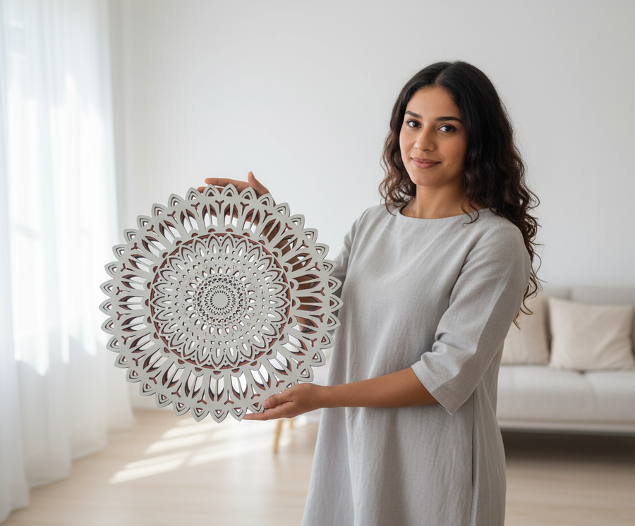 3D Layered Wooden Mandala Wall Art – White Floral Design